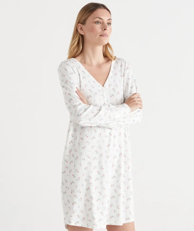 Sussan Nighties>Pointelle Ditsy Long Sleeve Nightie MILK