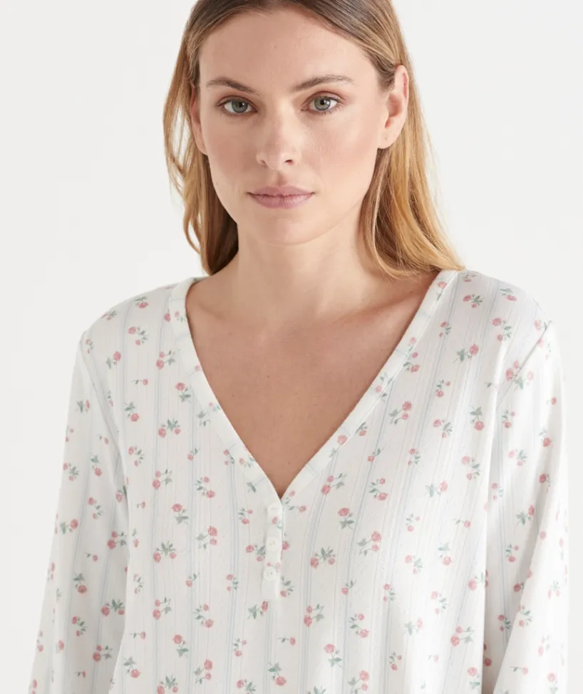 Sussan Nighties>Pointelle Ditsy Long Sleeve Nightie MILK