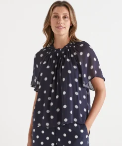 Sussan Tops|Matching Sets>Polka Dot Gathered Neck Blouse INK