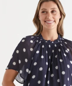 Sussan Tops|Matching Sets>Polka Dot Gathered Neck Blouse INK