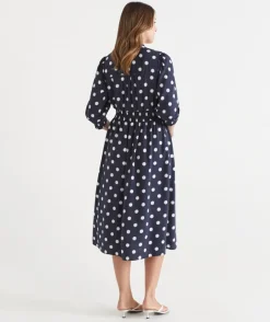 Sussan Dresses>Polka Dot Shirred Waist Dress INK