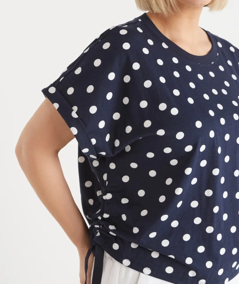 Sussan Tops|T-Shirts>Polka Dot Short Sleeve Ruched Side Top INK