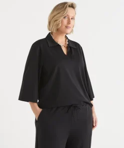 Sussan Tops|T-Shirts>Ponte 3/4 Sleeve Polo Top BLACK