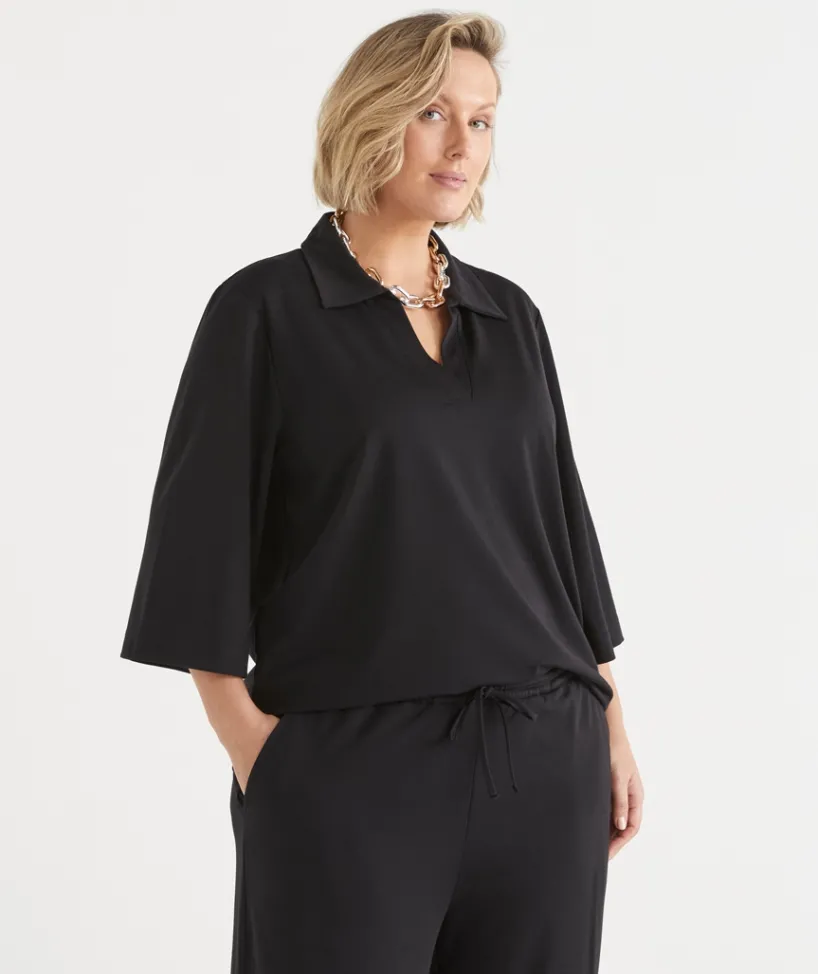 Sussan Tops|T-Shirts>Ponte 3/4 Sleeve Polo Top BLACK