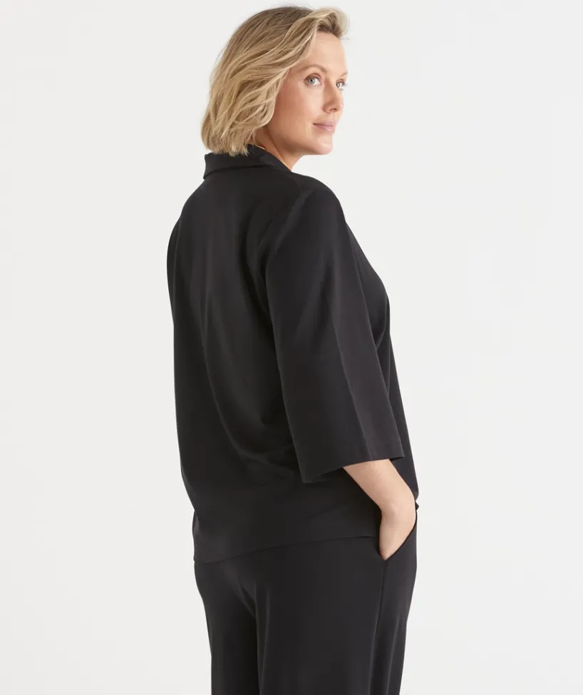 Sussan Tops|T-Shirts>Ponte 3/4 Sleeve Polo Top BLACK