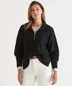 Sussan Tops|Loungewear>Quarter Zip Longline Jumper - BLACK
