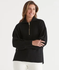 Sussan Tops|Loungewear>Quarter Zip Longline Jumper - BLACK