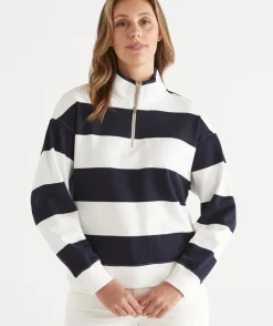Sussan Tops|Loungewear>Quarter-Zip Stripe Jumper - MIDNIGHT
