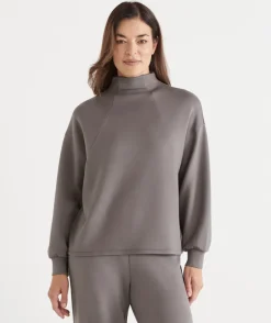 Sussan Tops|Loungewear>Raglan Stretch Jersey High Neck Jumper - IRON