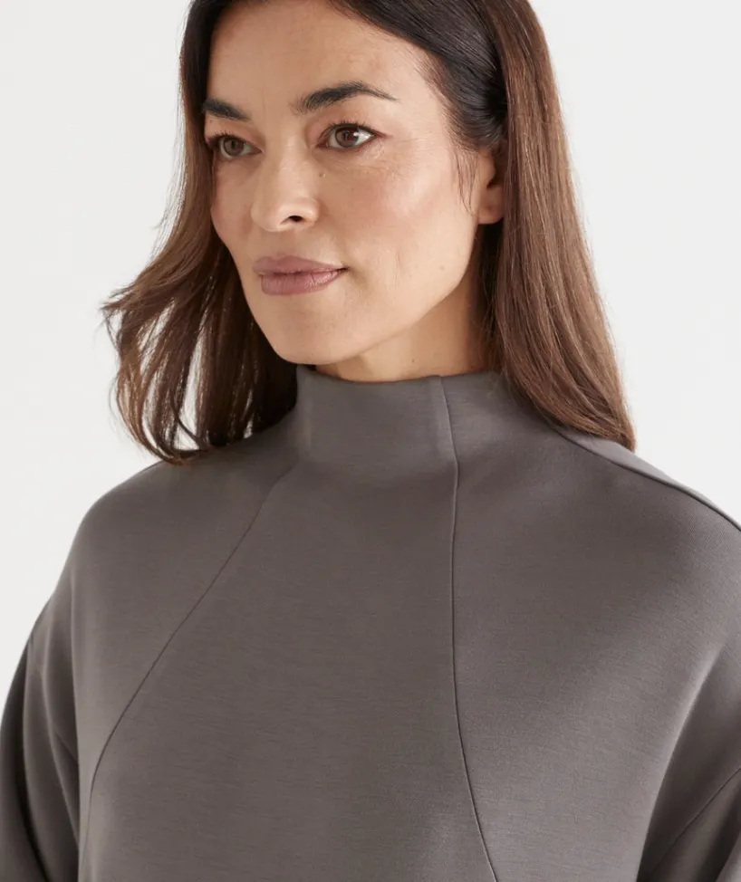 Sussan Tops|Loungewear>Raglan Stretch Jersey High Neck Jumper - IRON