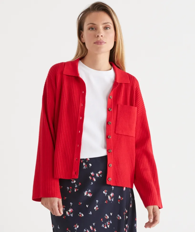 Sussan Knitwear|Knit Cardigans>Rib Button Up Cardigan