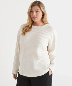 Sussan Tops>Self-Stripe Curve Hem Long Sleeve Top