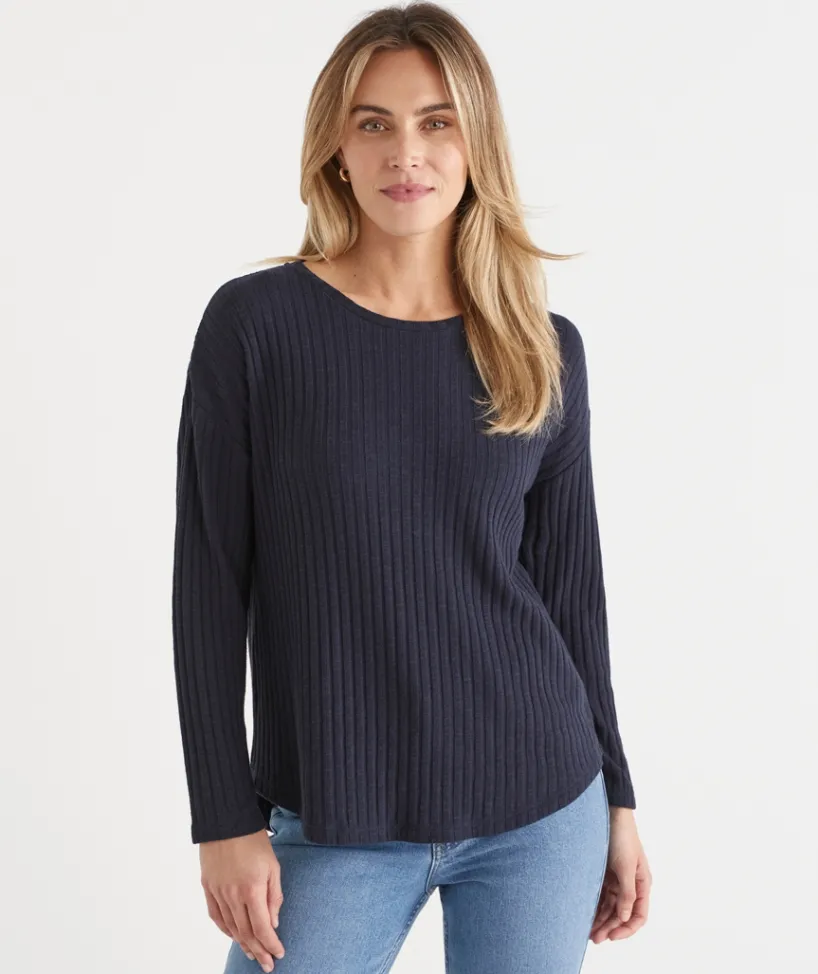 Sussan Tops>Self-Stripe Curve Hem Long Sleeve Top