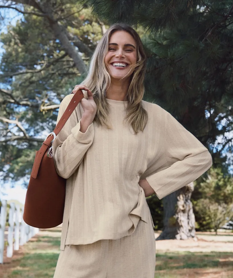 Sussan Tops|Loungewear>Self-Stripe Long Sleeve Knit Top