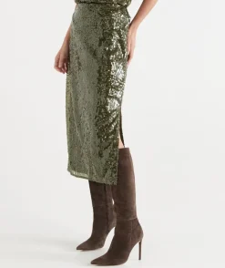 Sussan Matching Sets|Skirts>Sequin Column Midi Skirt OLIVE
