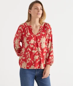 Sussan Tops>Shadow Floral Raglan Long Sleeve Top ROUGE