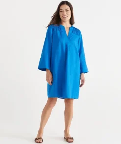 Sussan Dresses>Shirred Shoulder Long Sleeve Dress COBALT