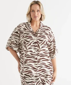 Sussan Tops|Matching Sets>Short Sleeve Animal Print D Ring Shirt BUTTER