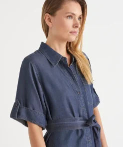 Sussan Dresses>Short Sleeve Belted Shirt Dress DARK WASH