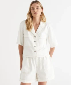 Sussan Tops|Denim>Short Sleeve Denim Shirt Jacket WHITE