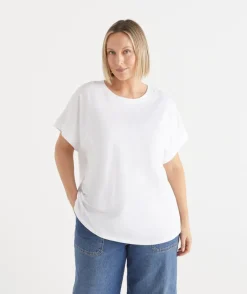 Sussan Tops|T-Shirts>Short Sleeve Extended Cuff Tee WHITE