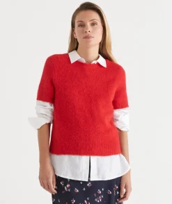 Sussan Tops|Knitwear>Short Sleeve Fluffy Knit Top ROUGE