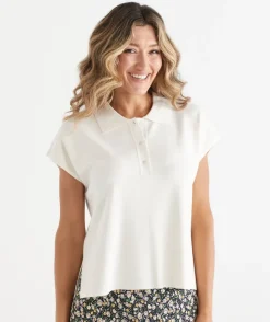 Sussan Tops|Knitwear>Short Sleeve Knit Polo Top VINTAGE CREAM