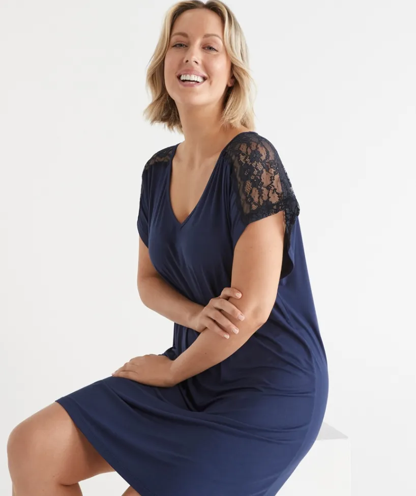 Sussan Nighties>Short Sleeve Navy Lace Nightie FRENCH NAVY