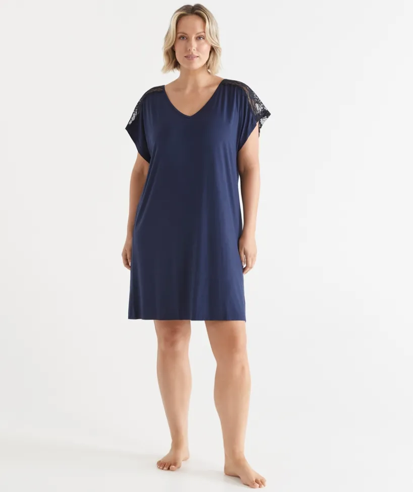 Sussan Nighties>Short Sleeve Navy Lace Nightie FRENCH NAVY