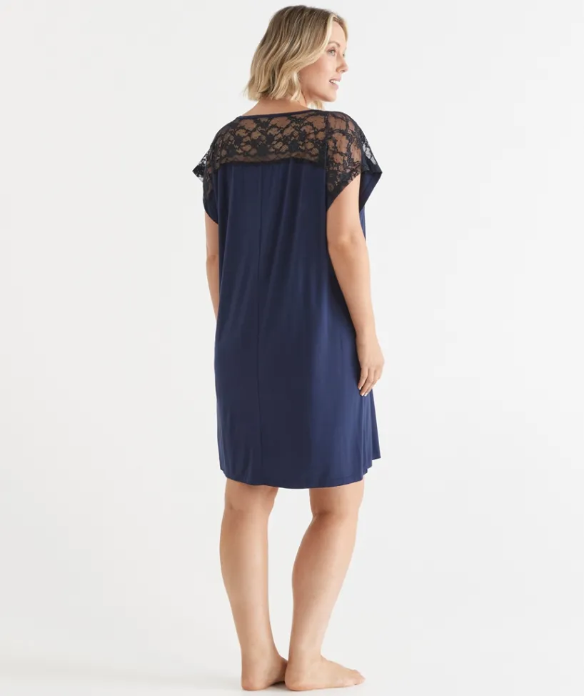 Sussan Nighties>Short Sleeve Navy Lace Nightie FRENCH NAVY