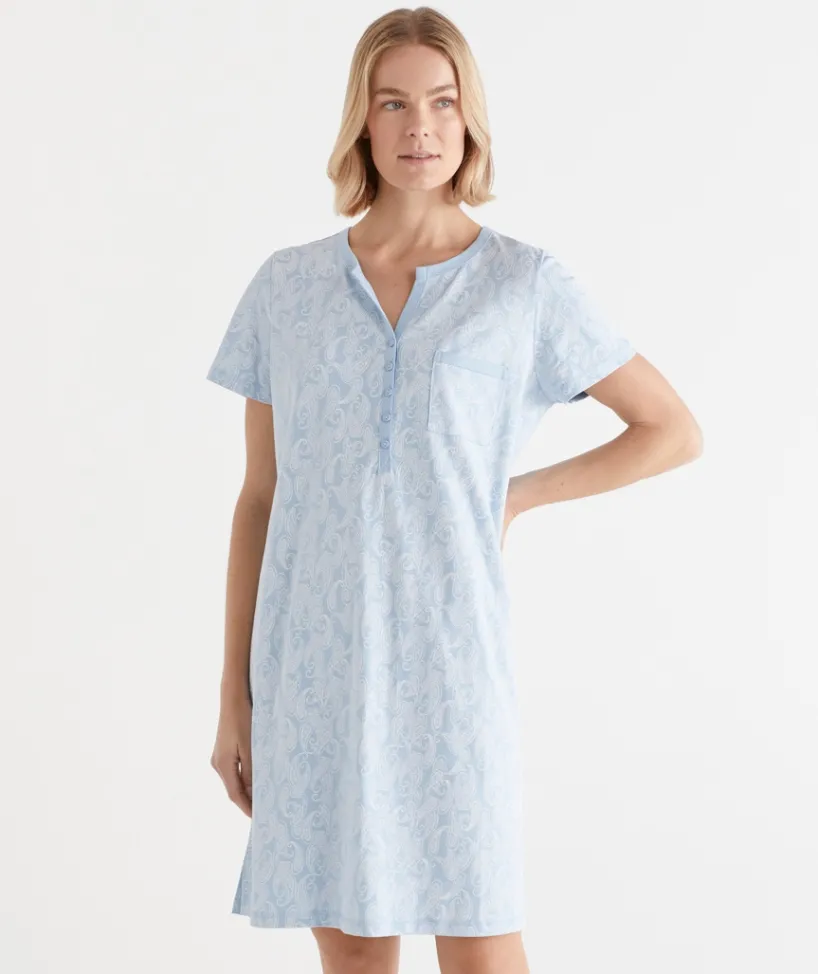 Sussan Nighties|Everyday Icons>Short Sleeve Paisley Placket Nightie