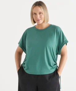 Sussan Tops|T-Shirts>Short Sleeve Ruched Side Top DEEP JADE