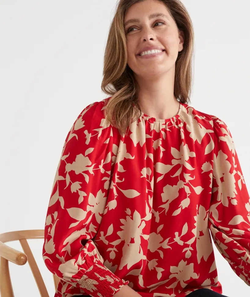Sussan Tops|Shirts & Blouses>Silhouette Floral Print Long Sleeve Top - Red ROUGE