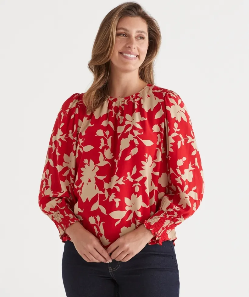Sussan Tops|Shirts & Blouses>Silhouette Floral Print Long Sleeve Top - Red ROUGE