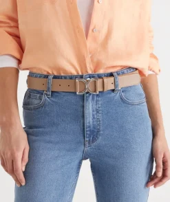 Sussan Belts>Silver Statement Buckle Leather Belt STONE