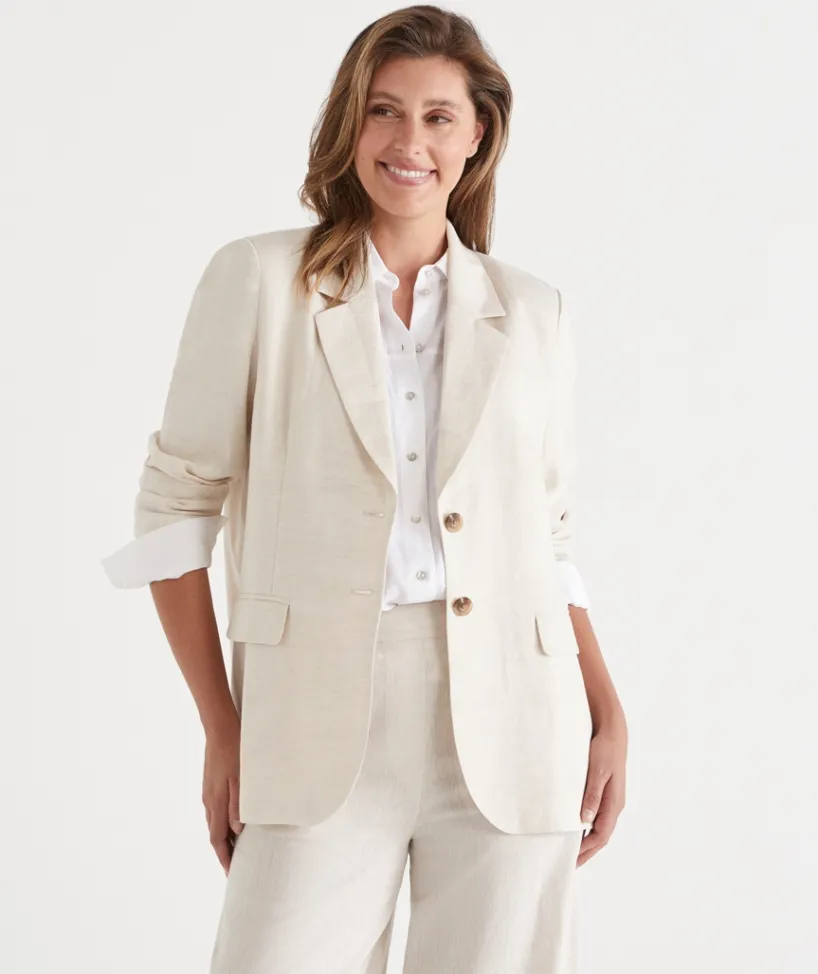 Sussan Jackets & Coats|Jackets>Single Breasted Linen Blazer - NATURAL MARLE