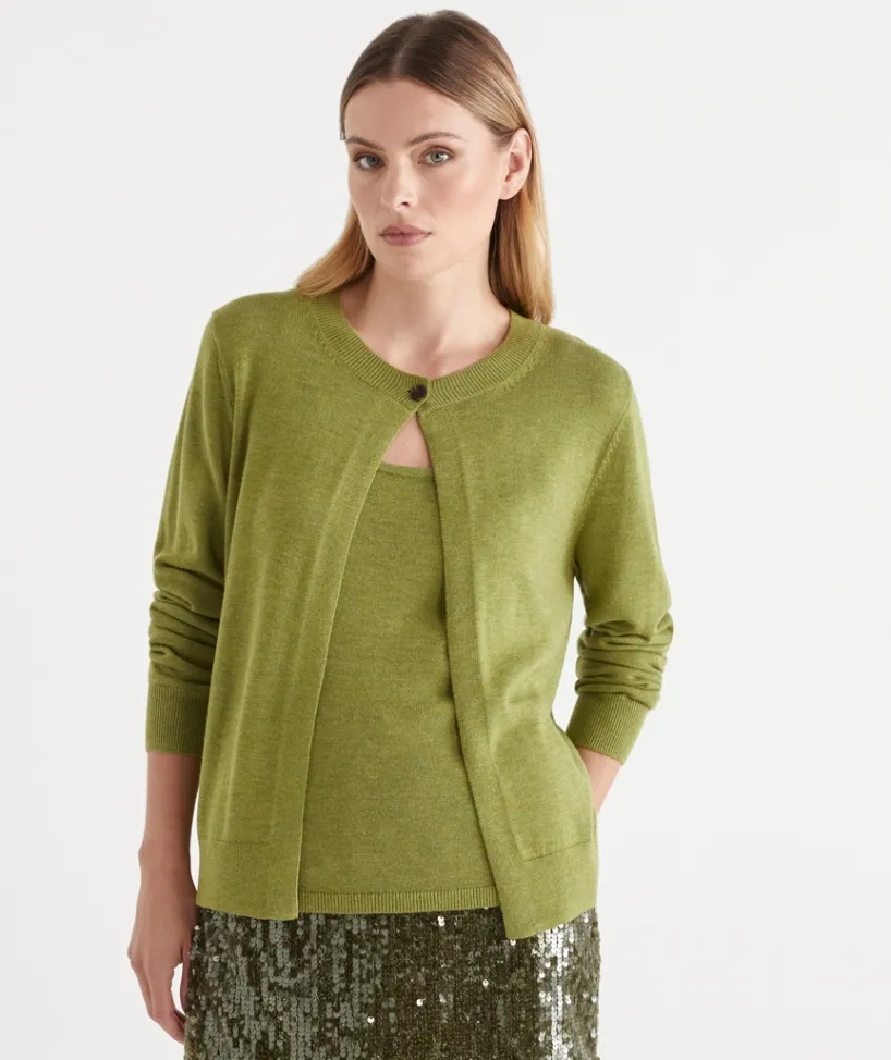 Sussan Tops|Matching Sets>Single Button Knit Crew Cardigan MOSS LEAF