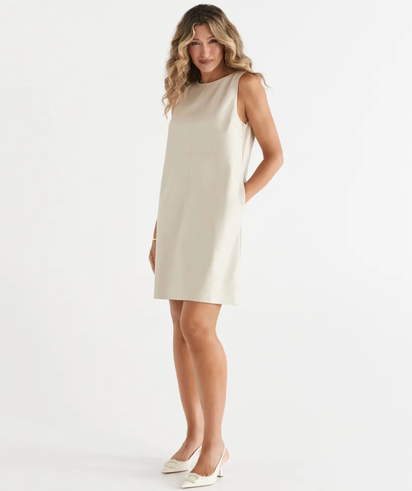 Sussan Dresses>Sleeveless Faux Leather Shift Dress PEARL