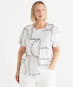 Sussan Tops|T-Shirts>Slub Geometric Crew Neck T-Shirt WHITE