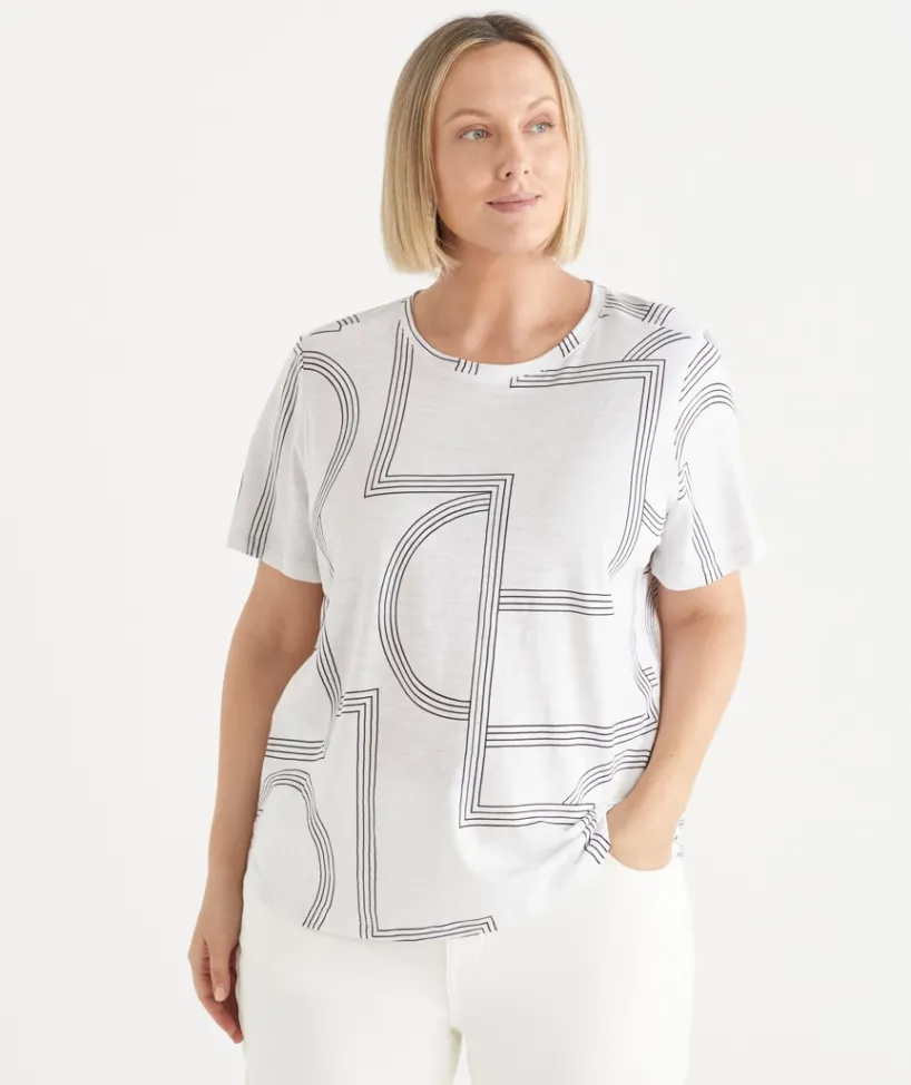 Sussan Tops|T-Shirts>Slub Geometric Crew Neck T-Shirt WHITE