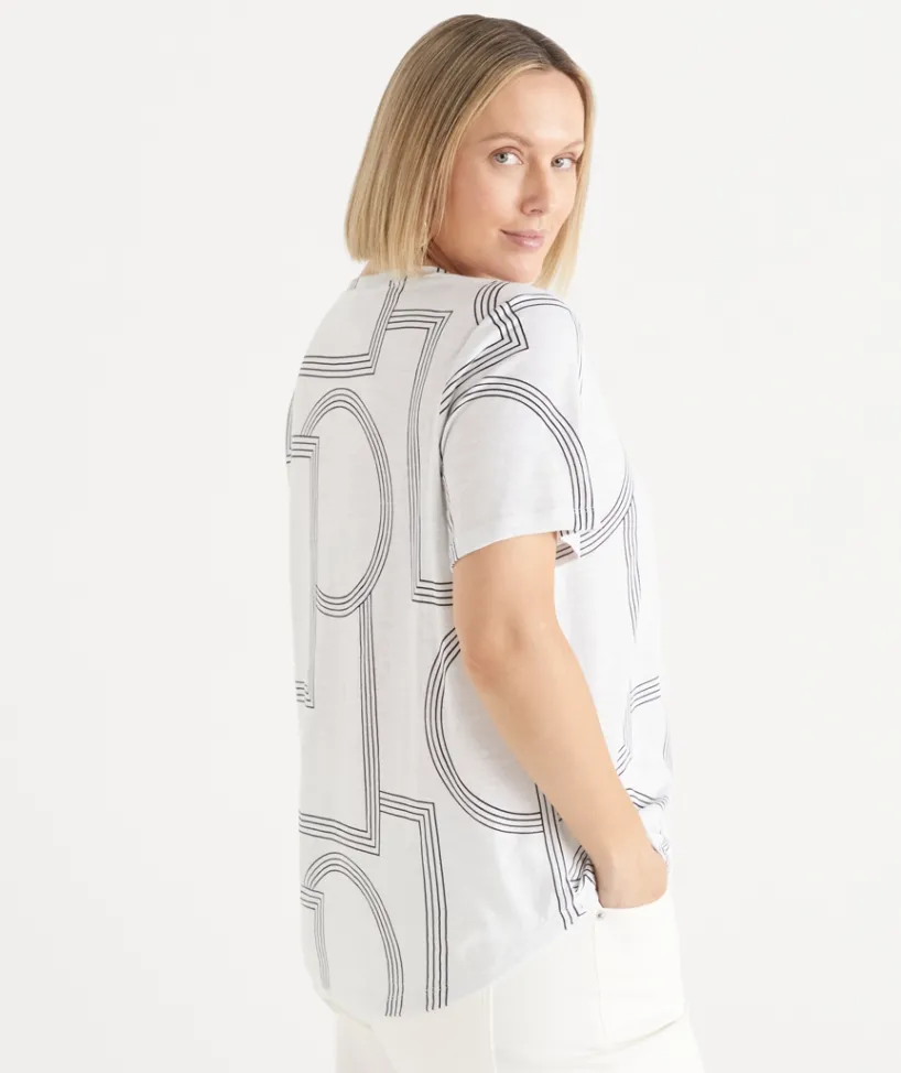 Sussan Tops|T-Shirts>Slub Geometric Crew Neck T-Shirt WHITE