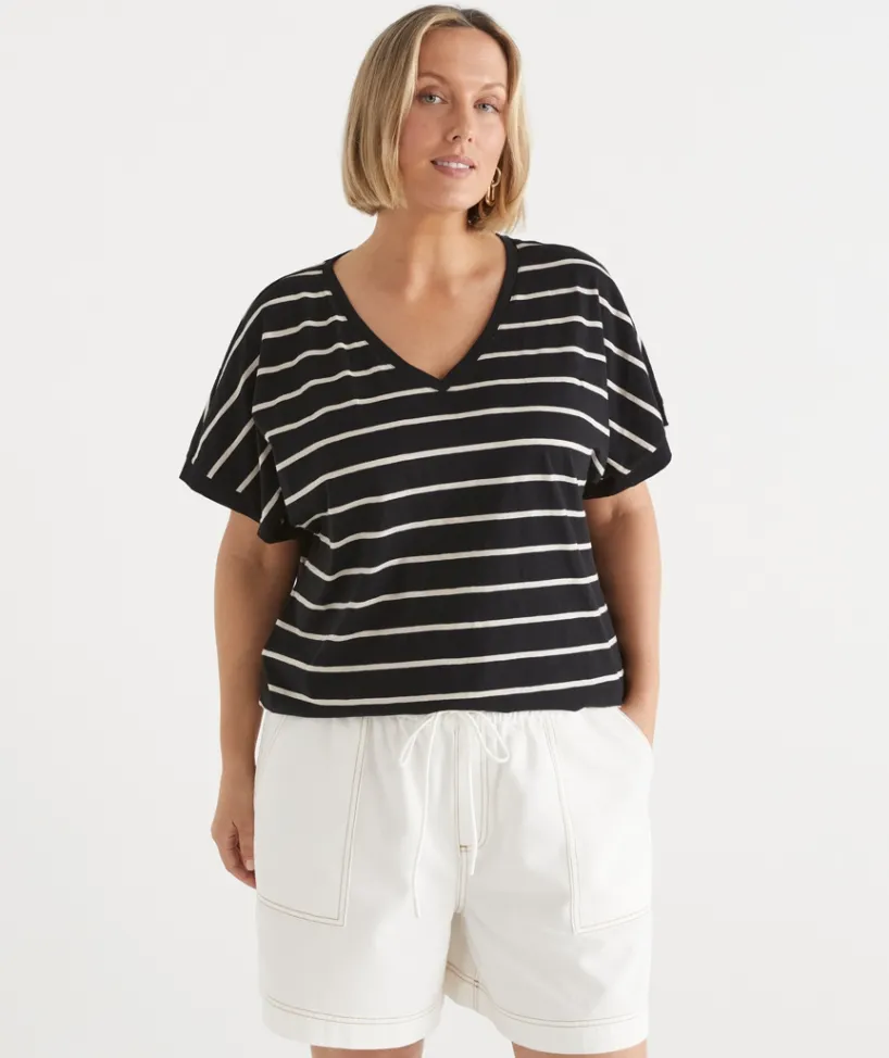 Sussan Tops|T-Shirts>Slub Stripe Dolman V Neck T-Shirt - Black BLACK/NATURAL