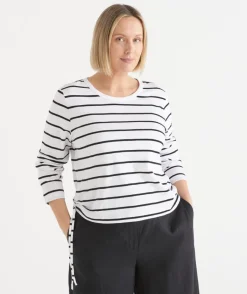 Sussan Tops|T-Shirts>Slub Stripe Long Sleeve Ruched Top BLACK/WHITE