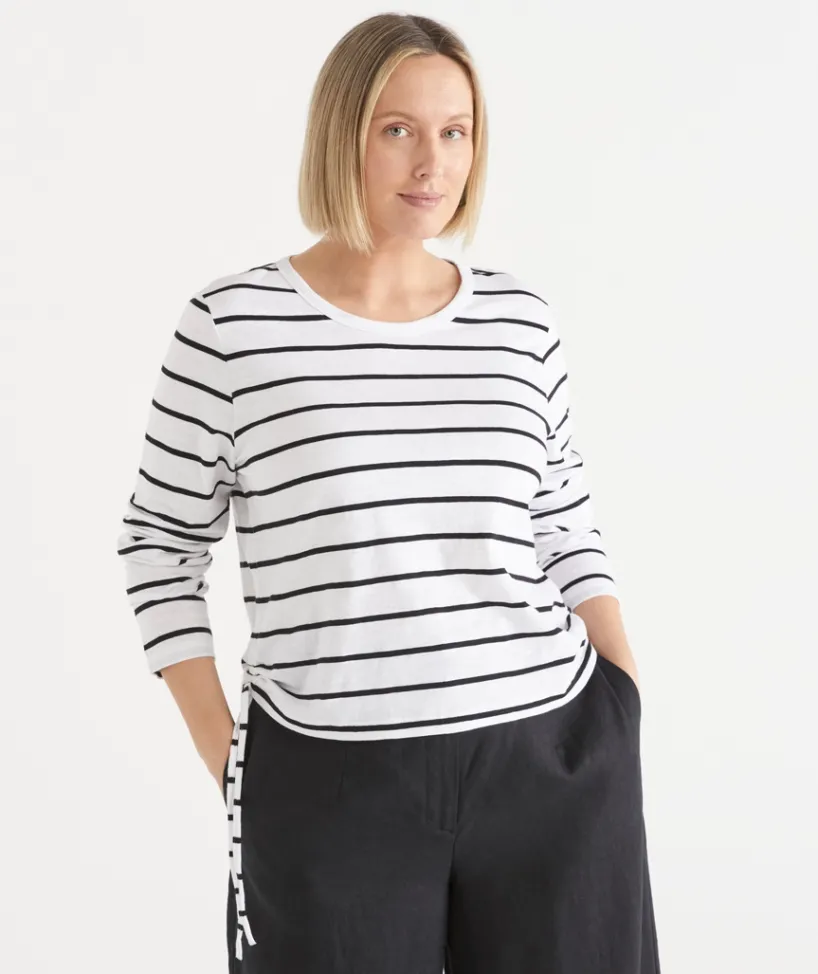 Sussan Tops|T-Shirts>Slub Stripe Long Sleeve Ruched Top BLACK/WHITE