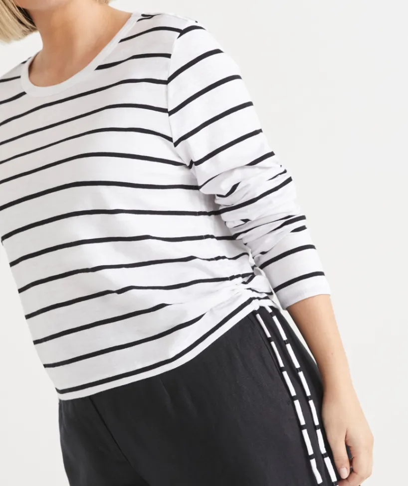 Sussan Tops|T-Shirts>Slub Stripe Long Sleeve Ruched Top BLACK/WHITE