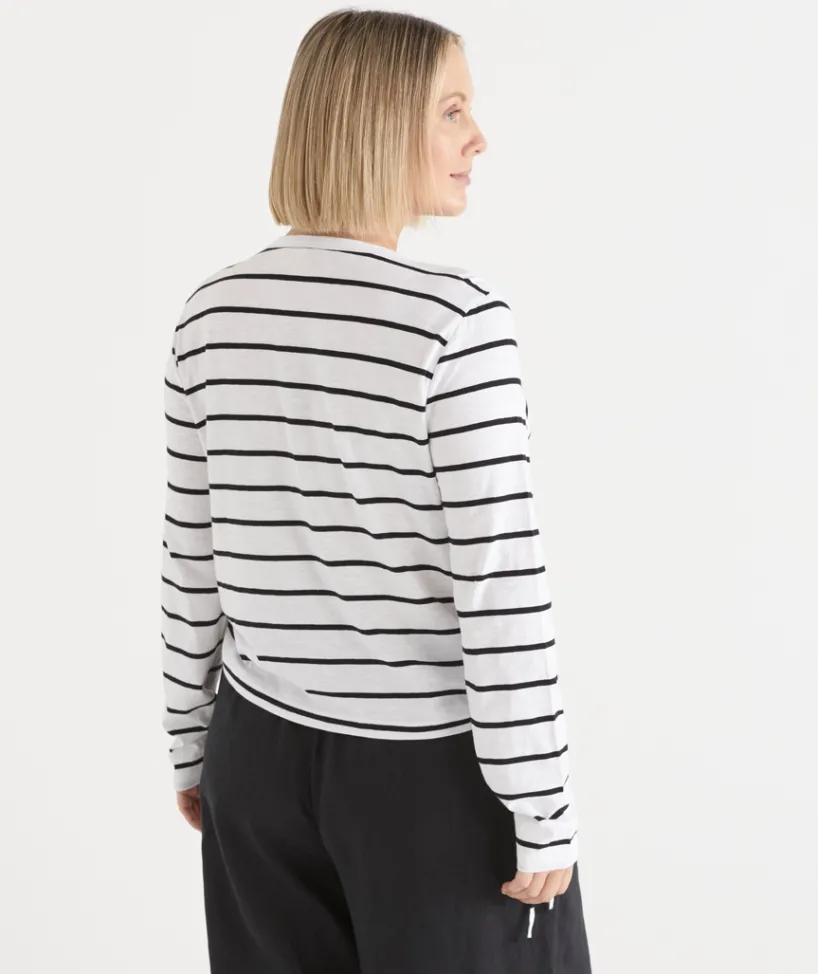 Sussan Tops|T-Shirts>Slub Stripe Long Sleeve Ruched Top BLACK/WHITE