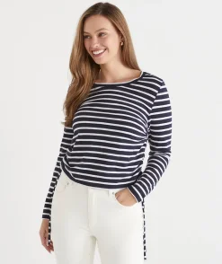 Sussan Tops>Slub Stripe Ruched Long Sleeve Top - INK