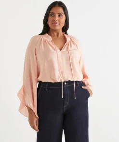 Sussan Tops|Shirts & Blouses>Soft Ruffle Long Sleeve Blouse LIGHT PEACH