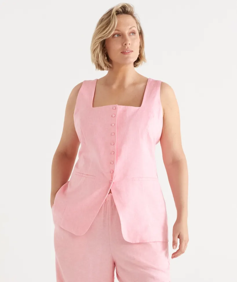 Sussan Tops|Matching Sets>Square Neck Button Up Vest - Pink PINK SUNSET MARLE