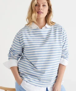Sussan Tops|T-Shirts>Stripe Boat Neck Long Sleeve Top - Blue PERIWINKLE